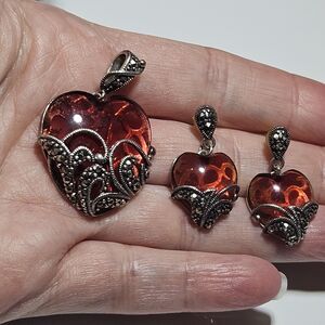 ROSS SIMONS Sterling Silver Vintage Marcasite Glass Heart Pendant Earrings Set